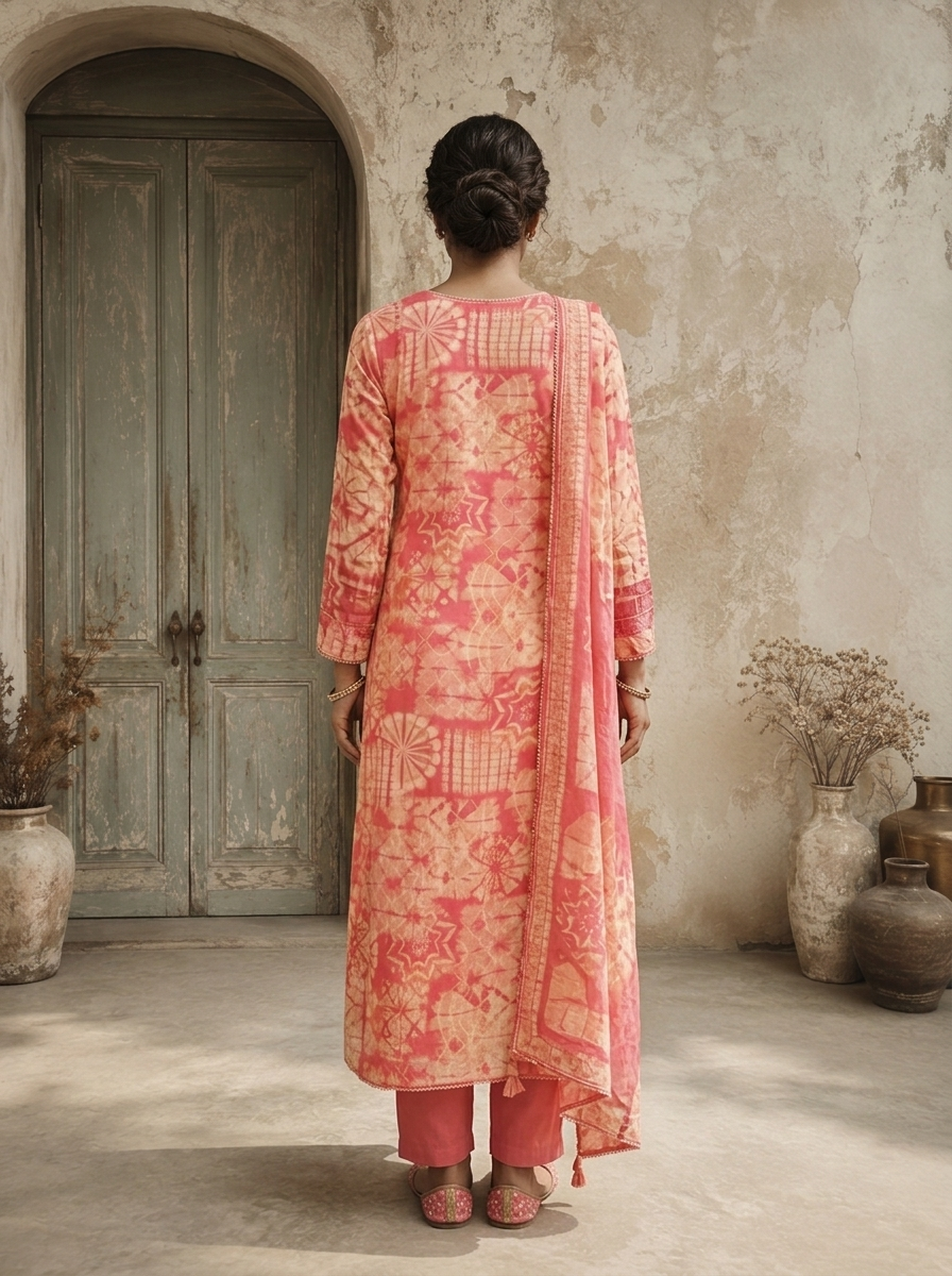 Rose Pink Muslin Geometric Printed Three Piece Set
