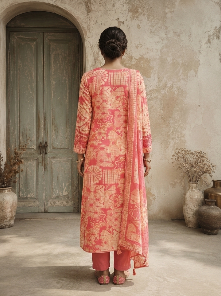 Rose Pink Muslin Geometric Printed Three Piece Set