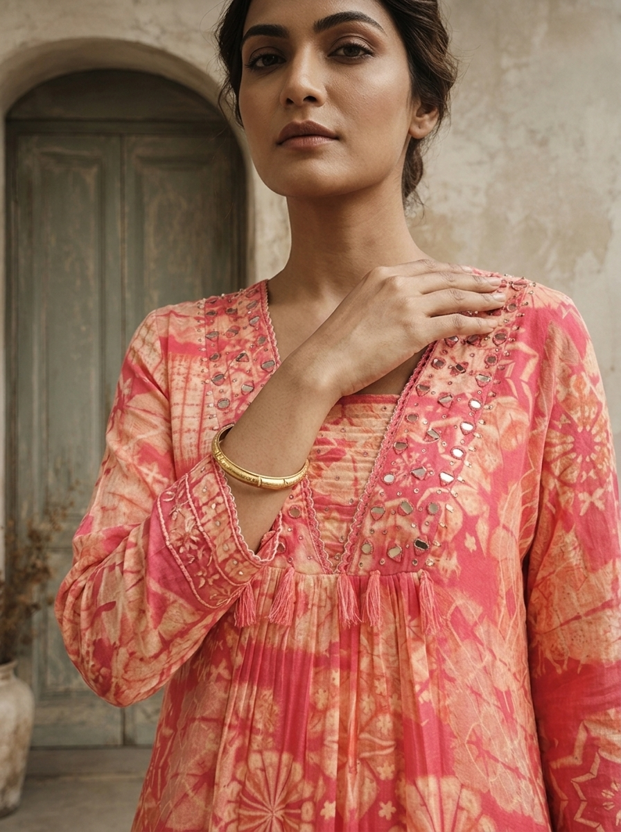 Rose Pink Muslin Geometric Printed Three Piece Set