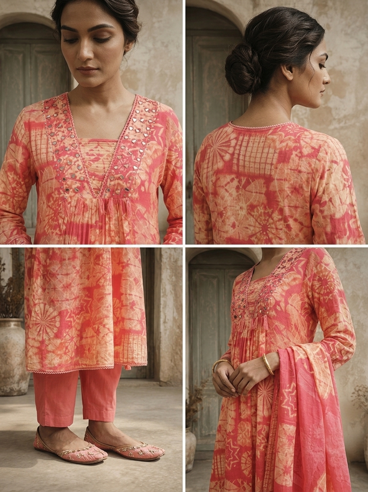 Rose Pink Muslin Geometric Printed Three Piece Set