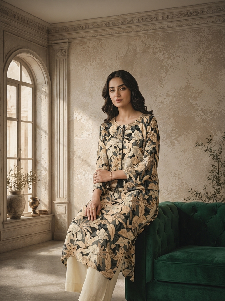 Grey Rayon Botanical Printed Kurta