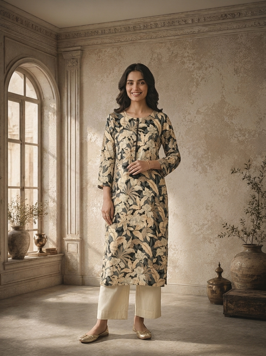 Grey Rayon Botanical Printed Kurta