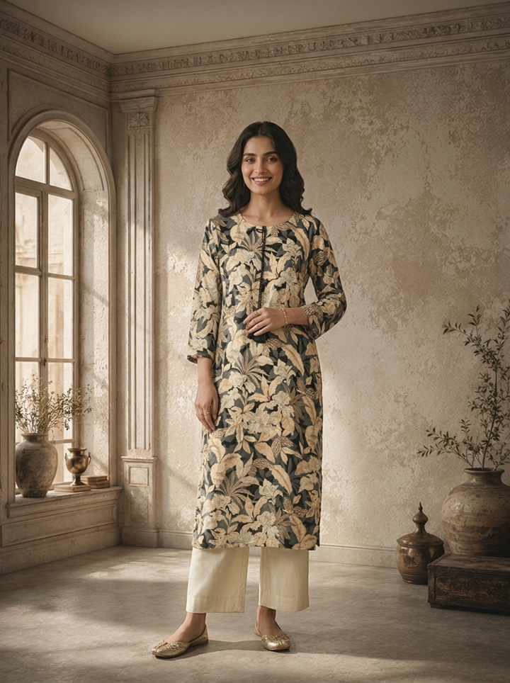 Grey Rayon Botanical Printed Kurta