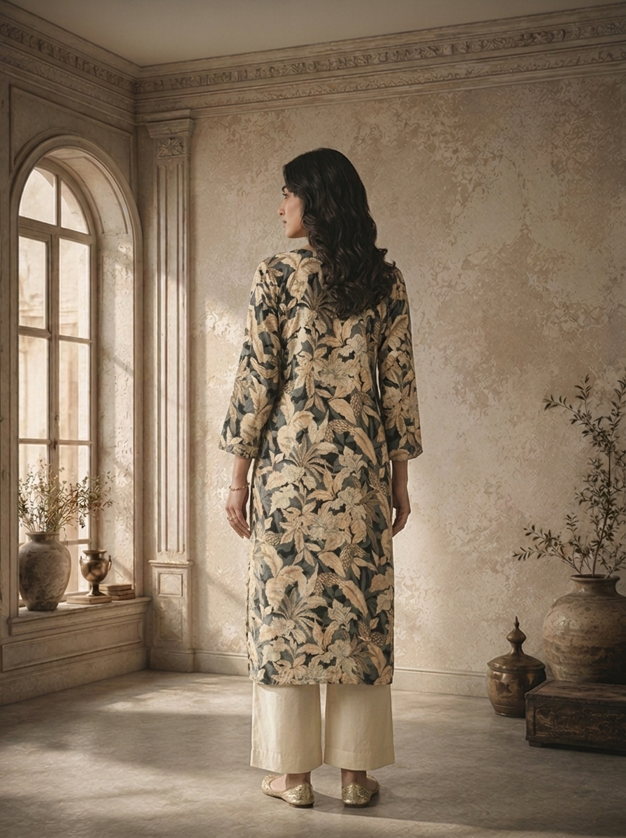Grey Rayon Botanical Printed Kurta