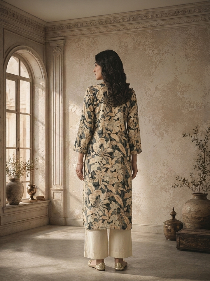 Grey Rayon Botanical Printed Kurta
