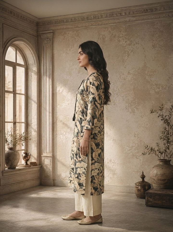 Grey Rayon Botanical Printed Kurta