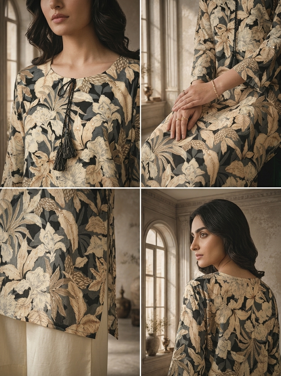 Grey Rayon Botanical Printed Kurta