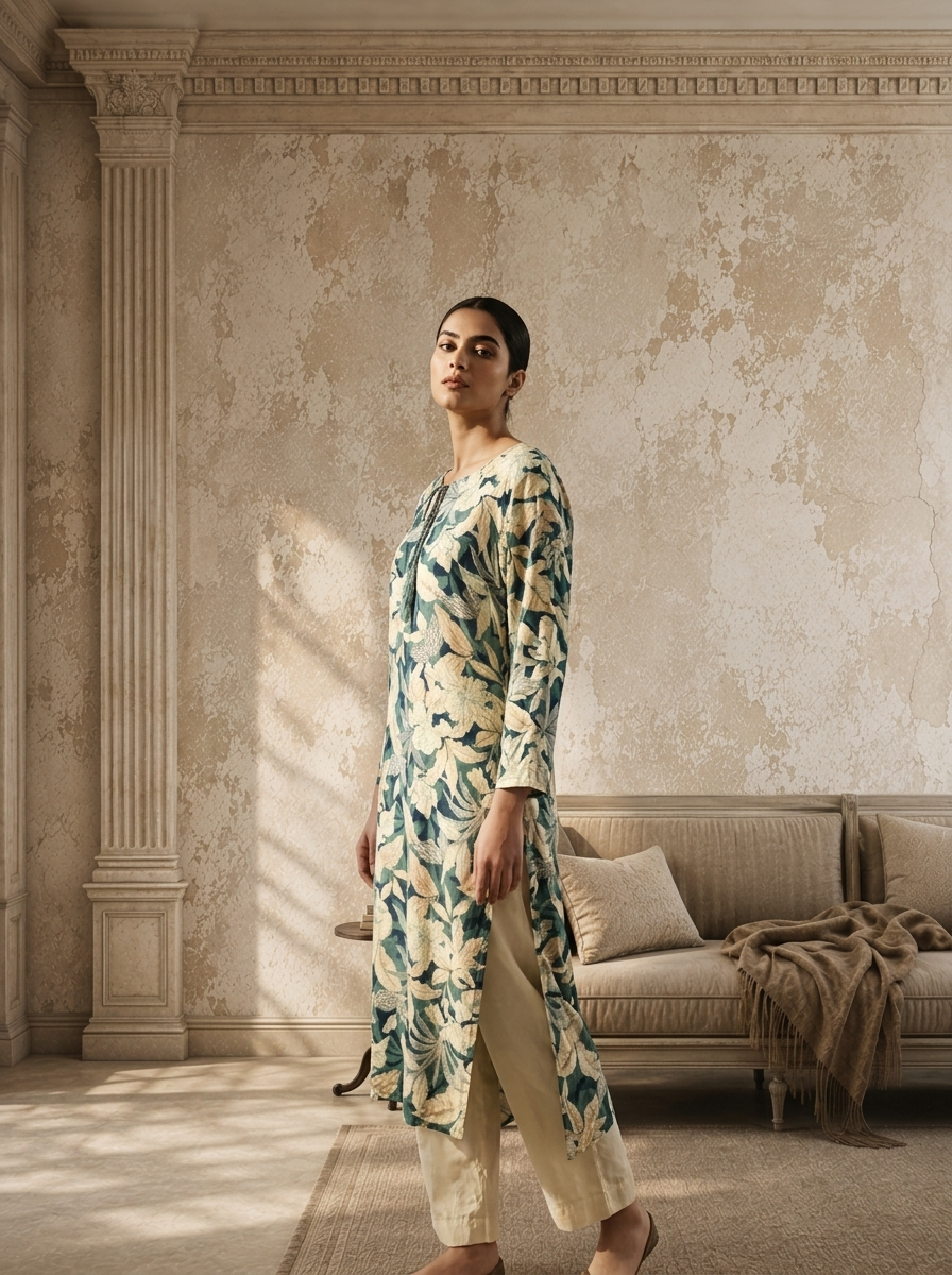 Olive Rayon Botanical Printed Kurta