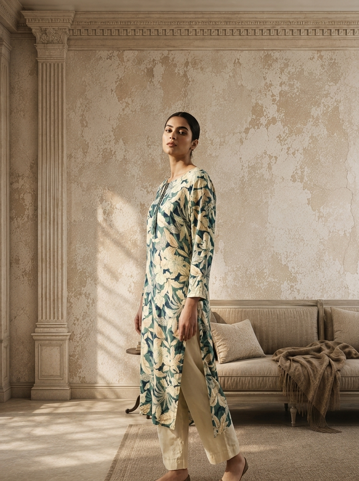 Olive Rayon Botanical Printed Kurta