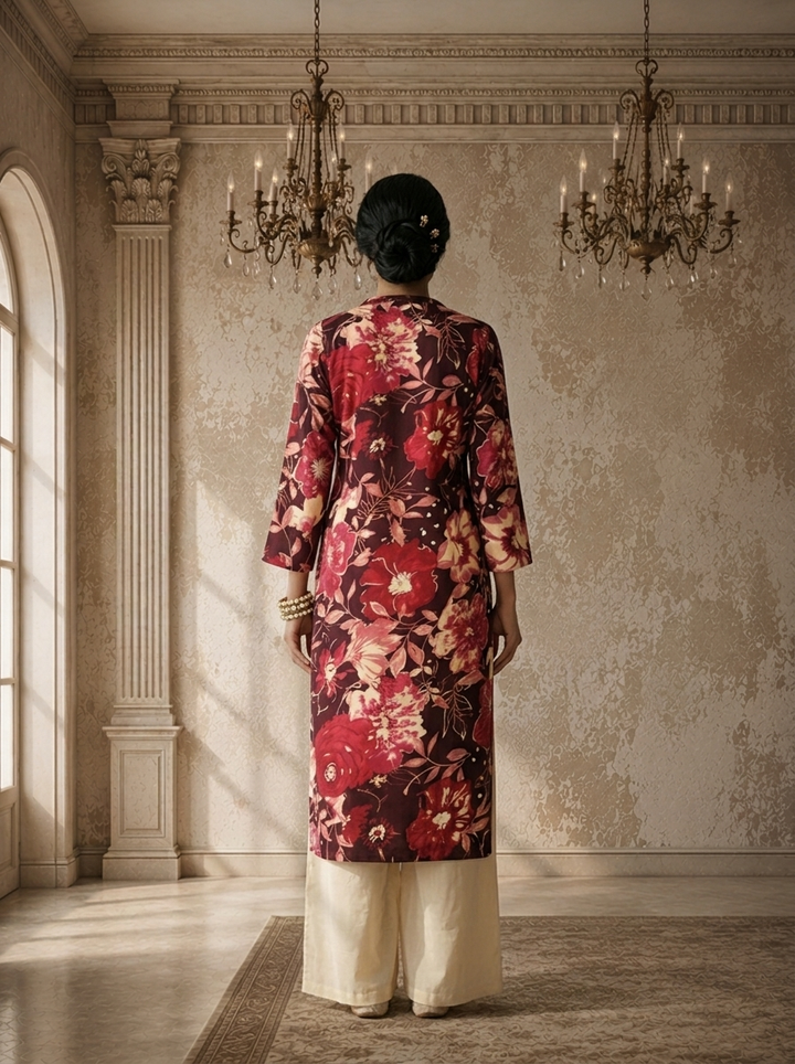 Wine Rayon Floral Printed Kurta