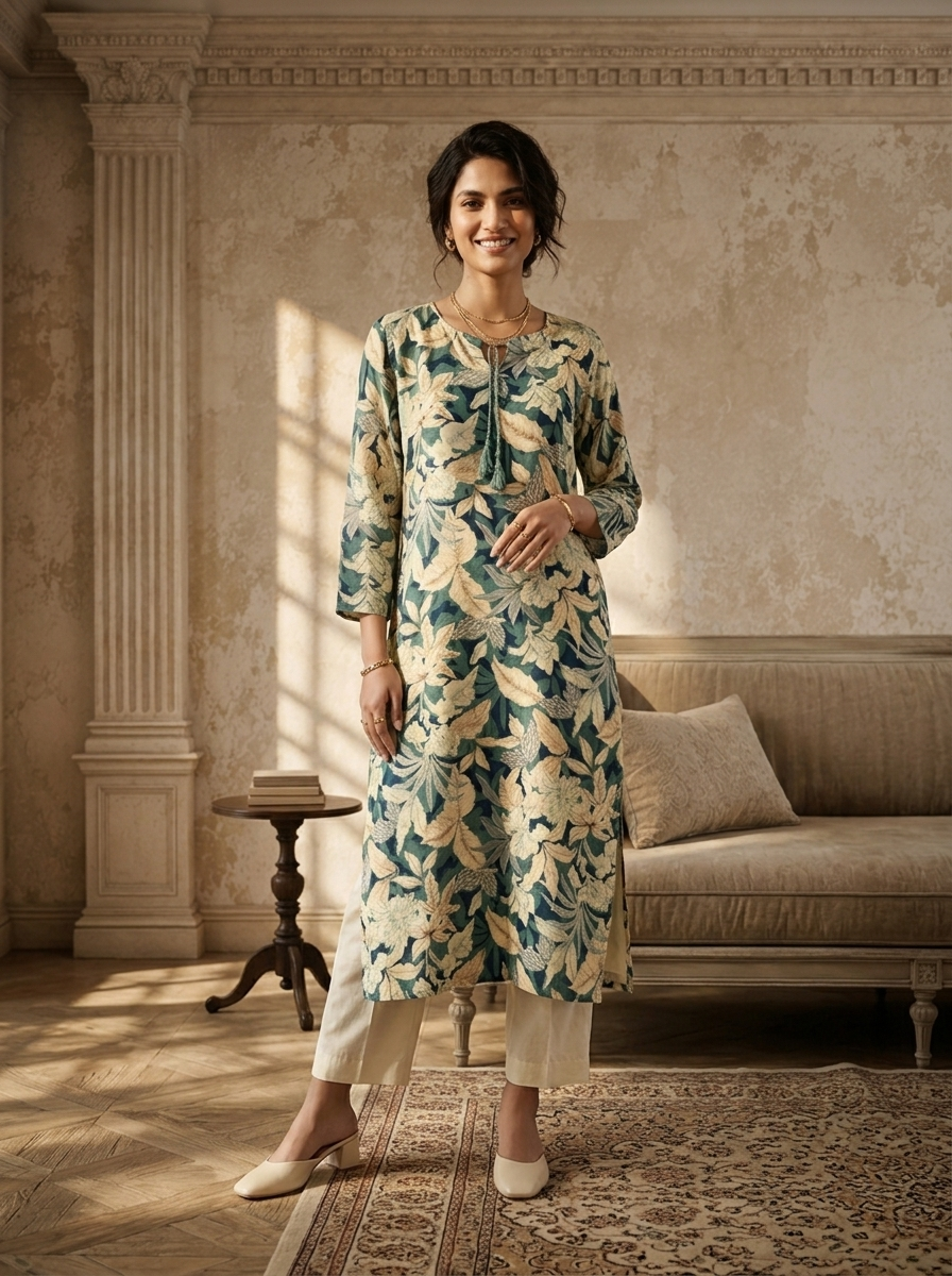 Olive Rayon Botanical Printed Kurta