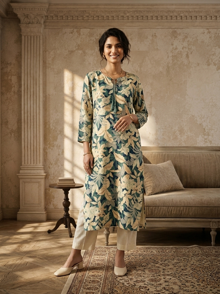 Olive Rayon Botanical Printed Kurta
