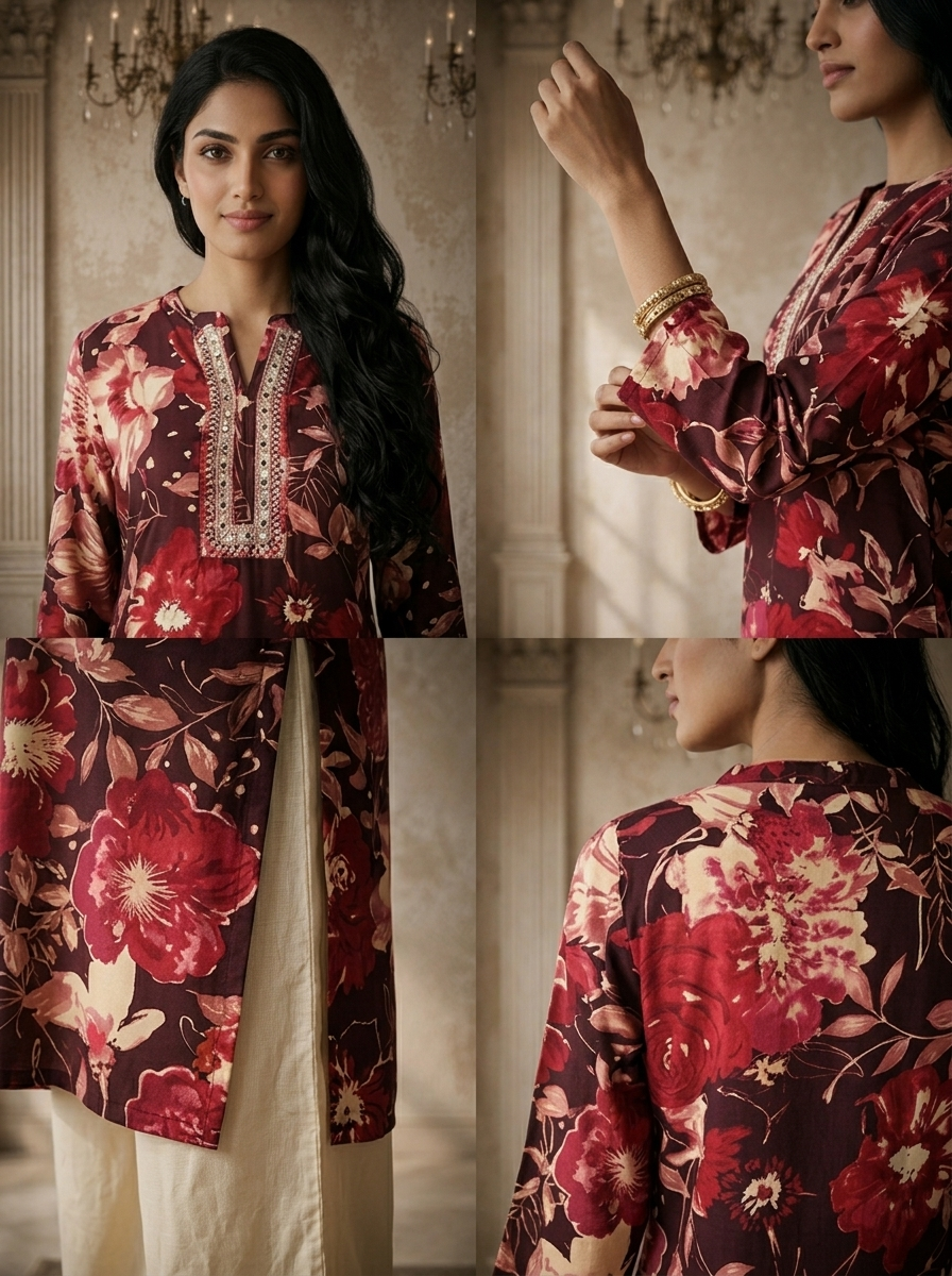 Wine Rayon Floral Printed Kurta