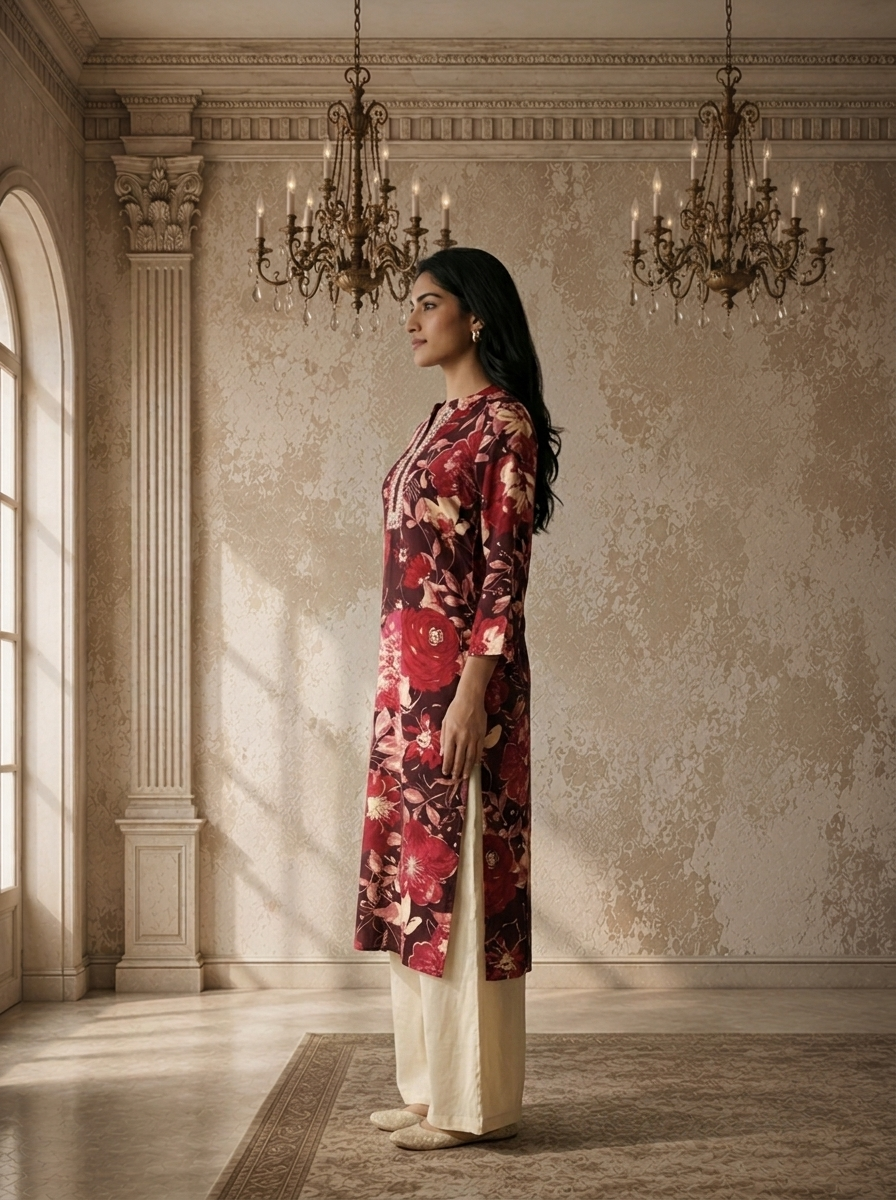 Wine Rayon Floral Printed Kurta