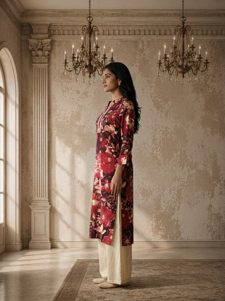 Wine Rayon Floral Printed Kurta