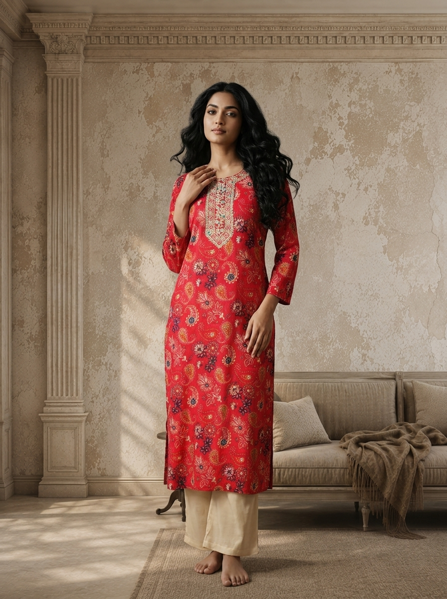 Magenta Rayon Floral And Paisley Printed Kurta