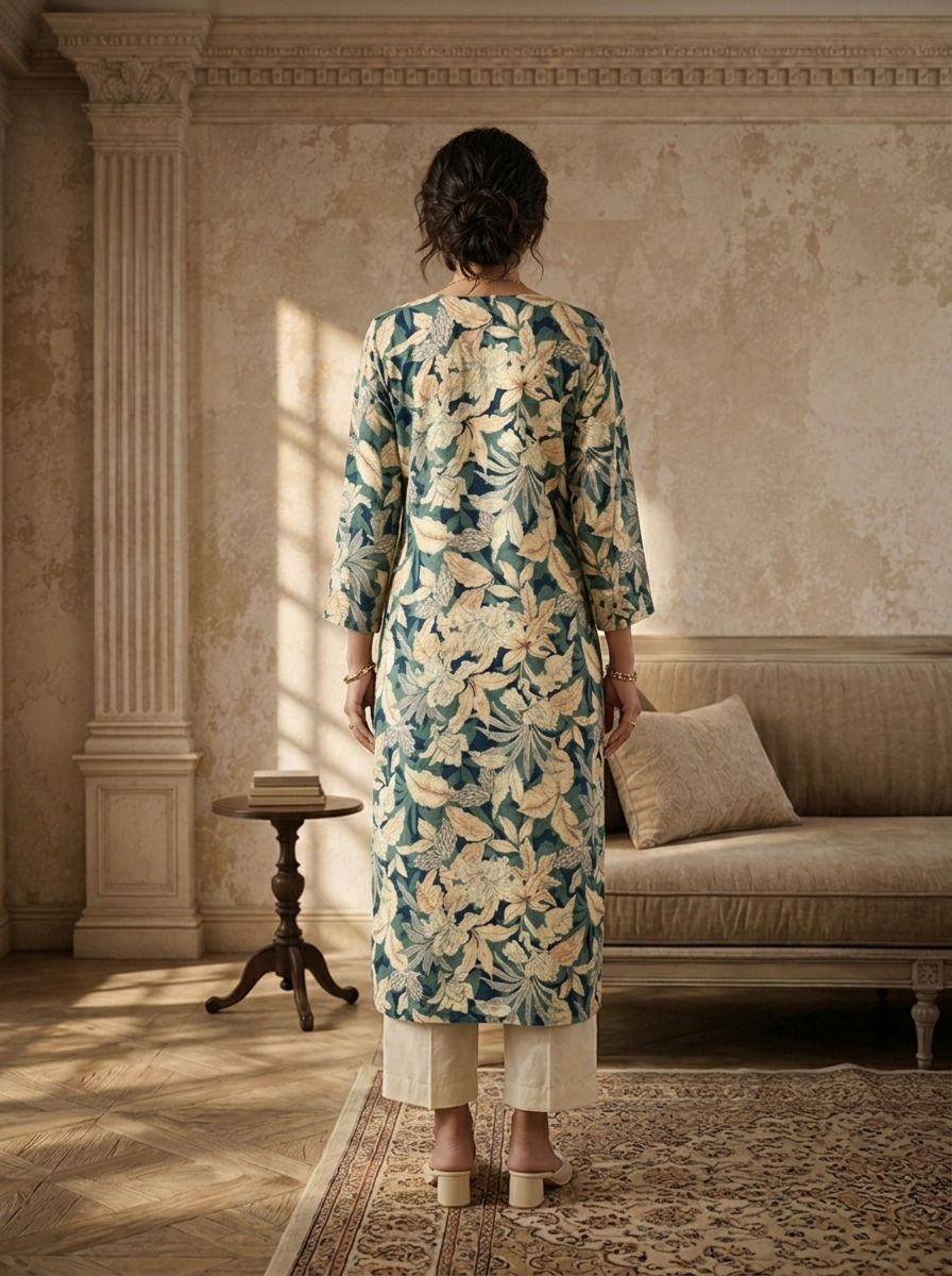 Olive Rayon Botanical Printed Kurta