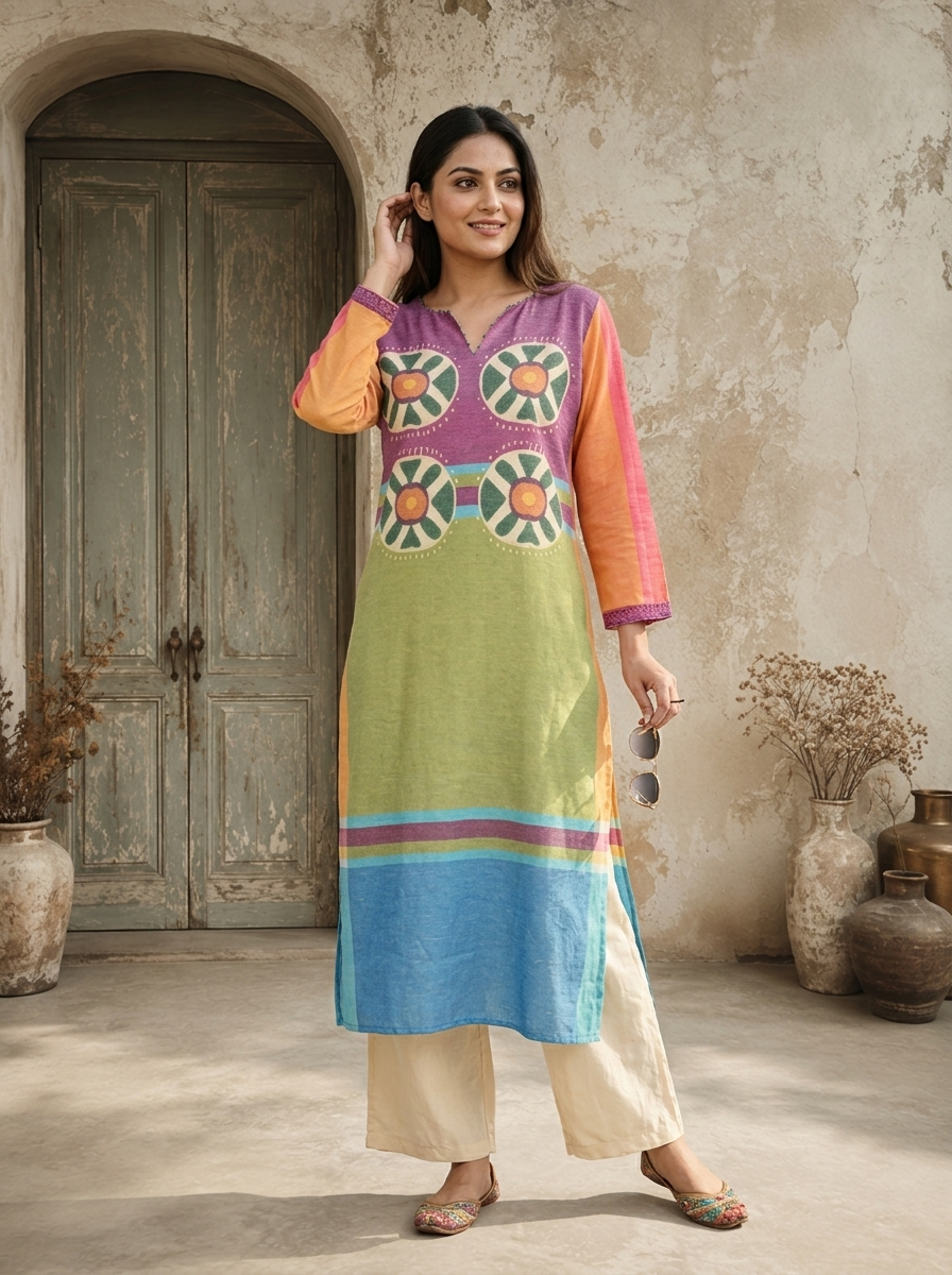 Pista Linen Mandala Bloom Printed Kurta