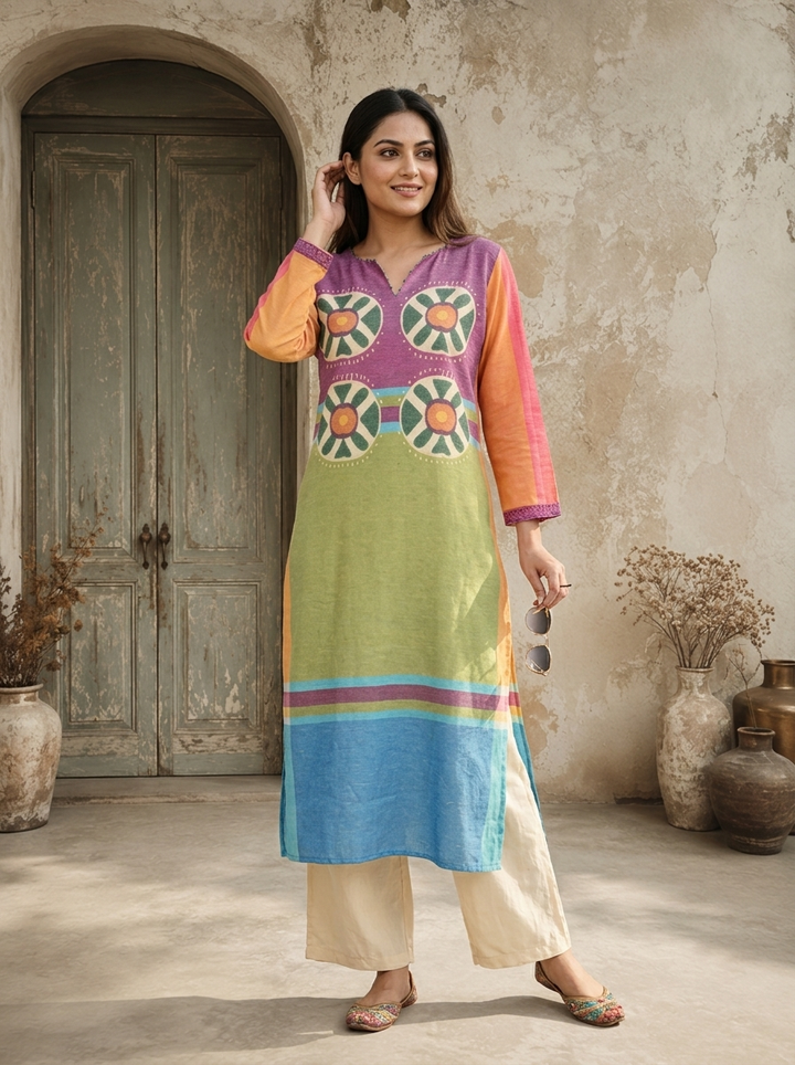 Pista Linen Mandala Bloom Printed Kurta