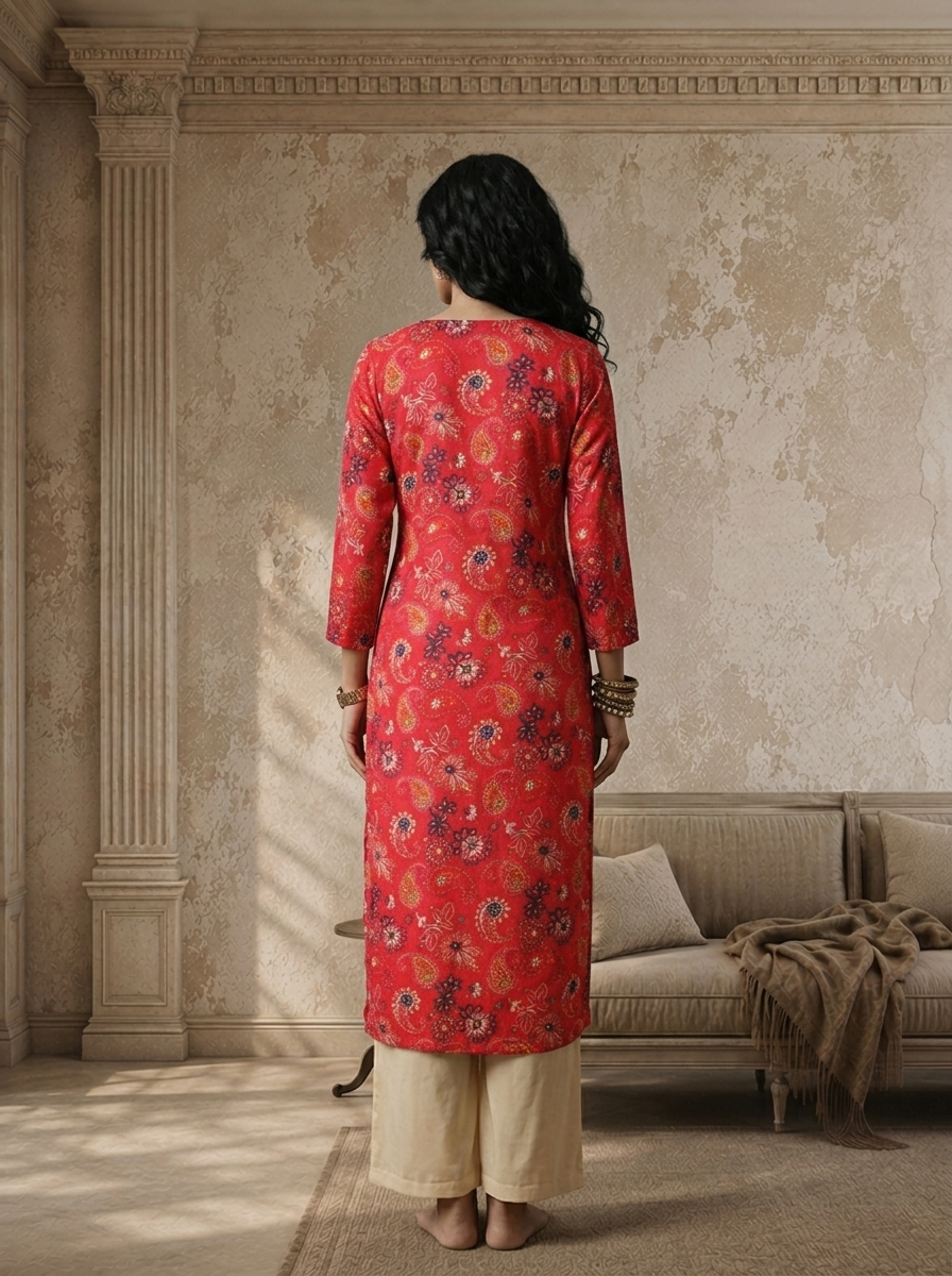 Magenta Rayon Floral And Paisley Printed Kurta