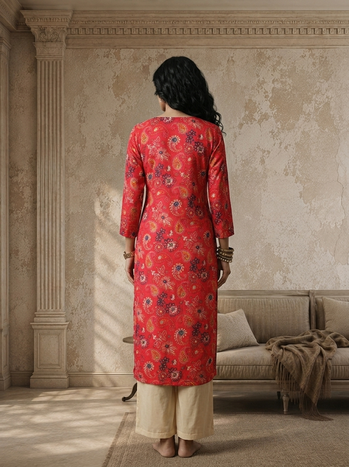 Magenta Rayon Floral And Paisley Printed Kurta