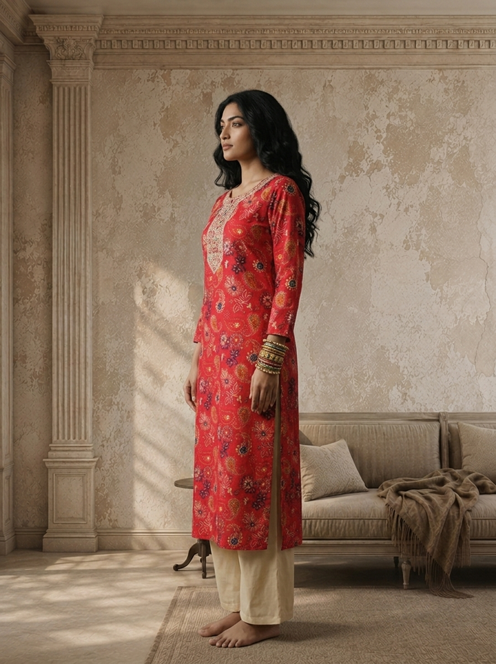 Magenta Rayon Floral And Paisley Printed Kurta