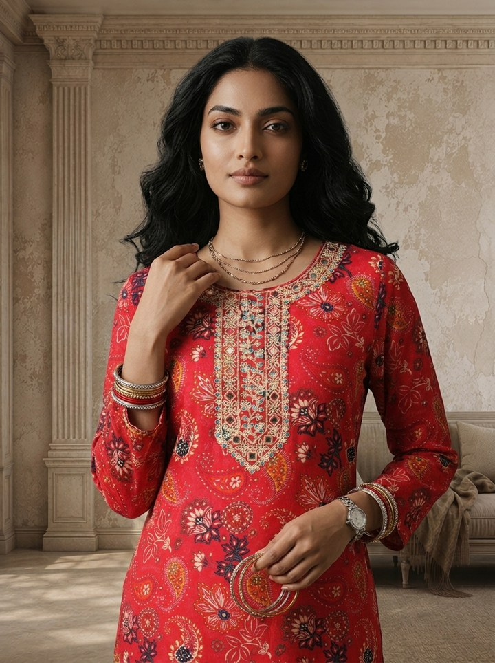 Magenta Rayon Floral And Paisley Printed Kurta