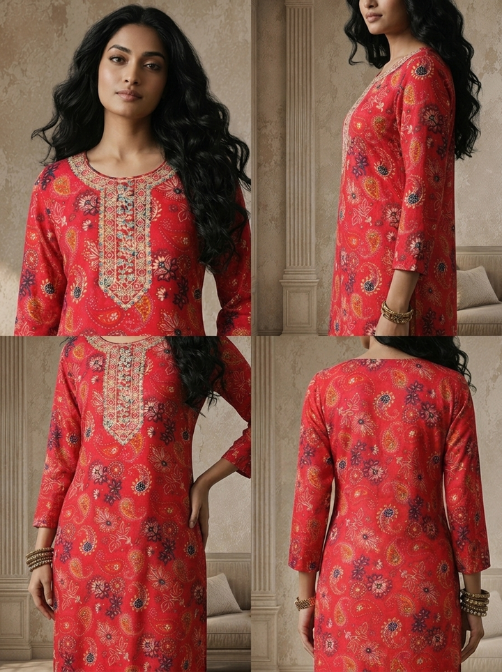 Magenta Rayon Floral And Paisley Printed Kurta