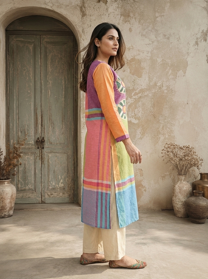 Pista Linen Mandala Bloom Printed Kurta