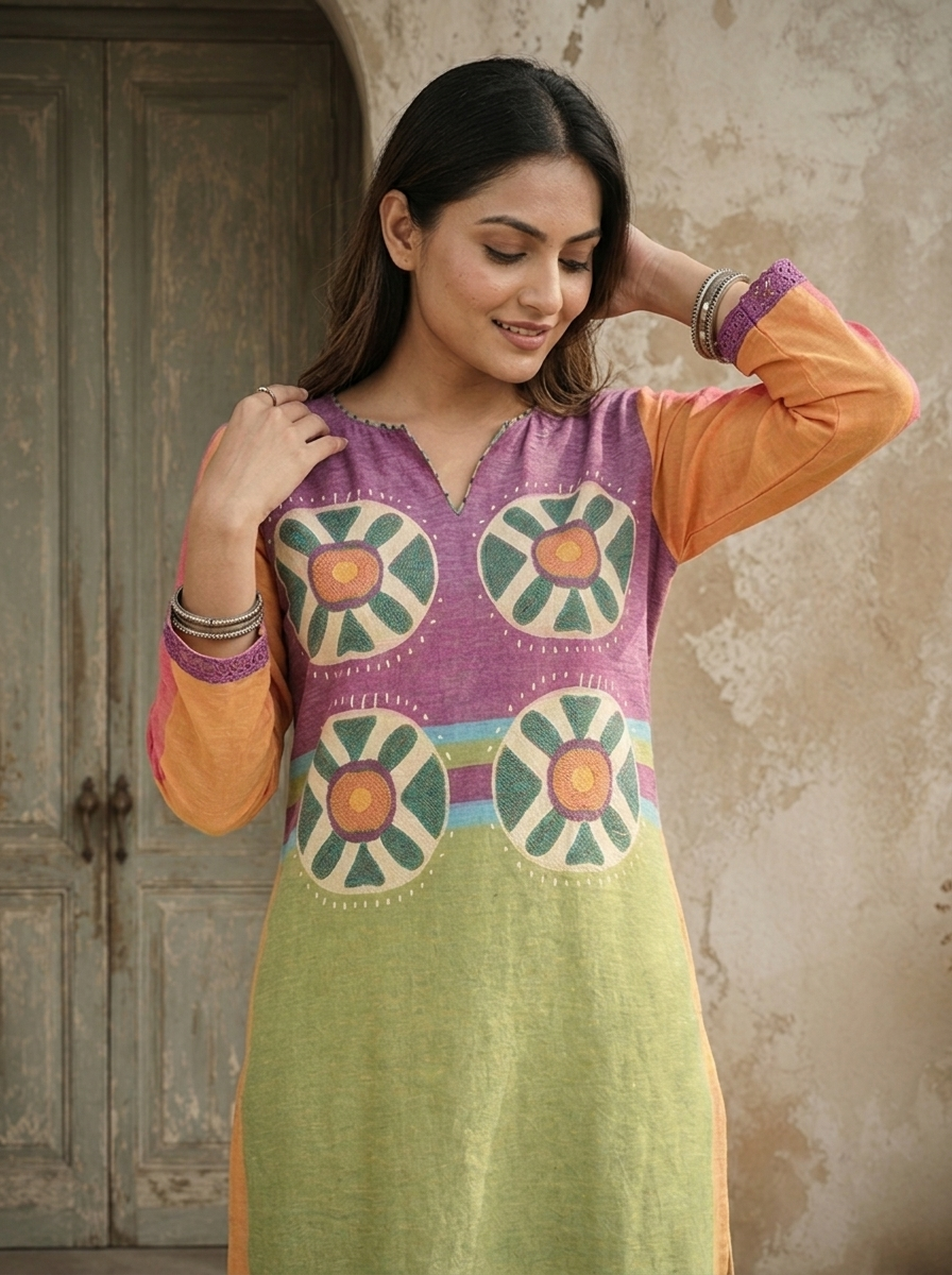 Pista Linen Mandala Bloom Printed Kurta