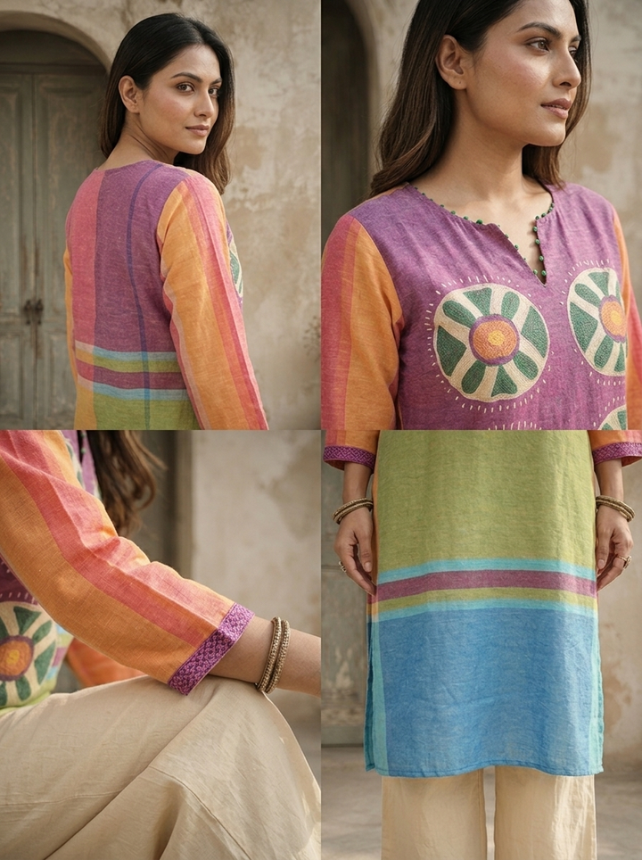 Pista Linen Mandala Bloom Printed Kurta