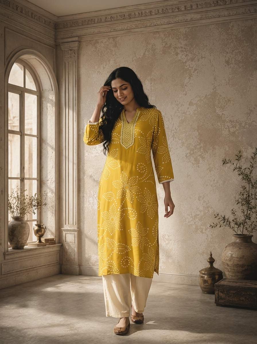 Green Rayon Floral Bandhani Printed Kurta