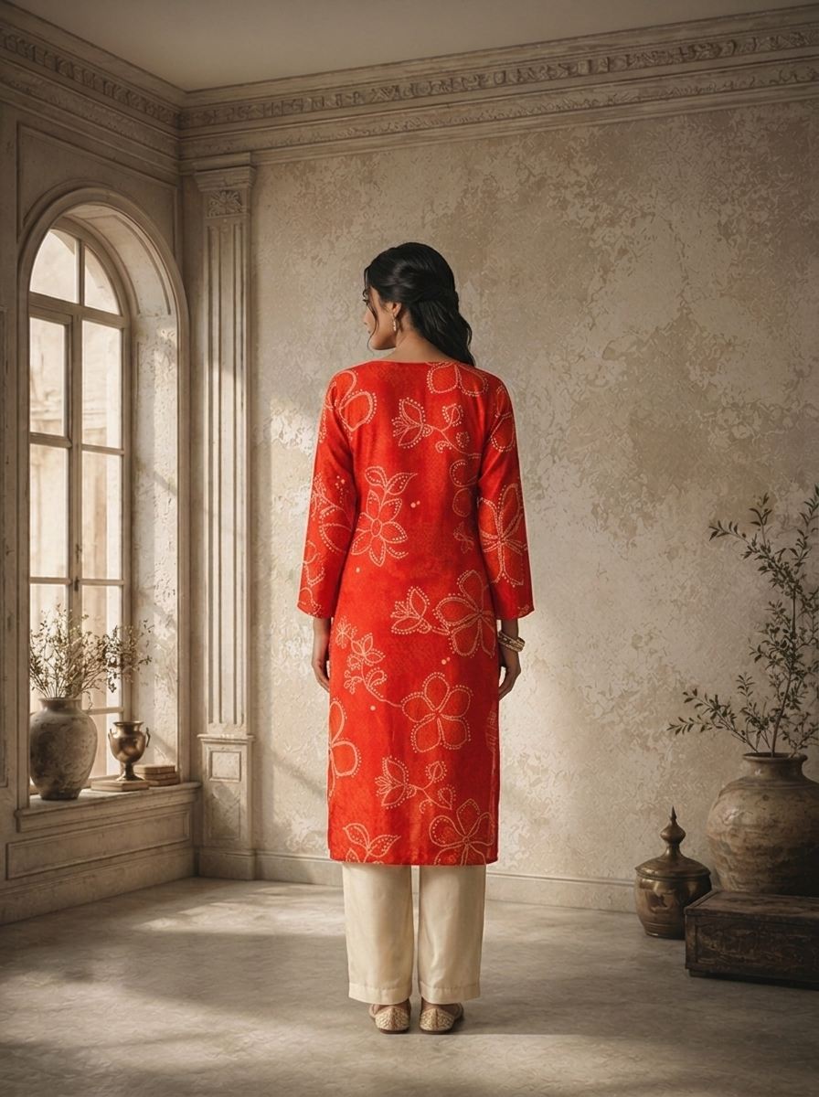 Red Rayon Floral Dots Printed Kurta