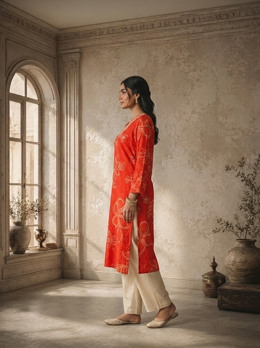 Red Rayon Floral Dots Printed Kurta