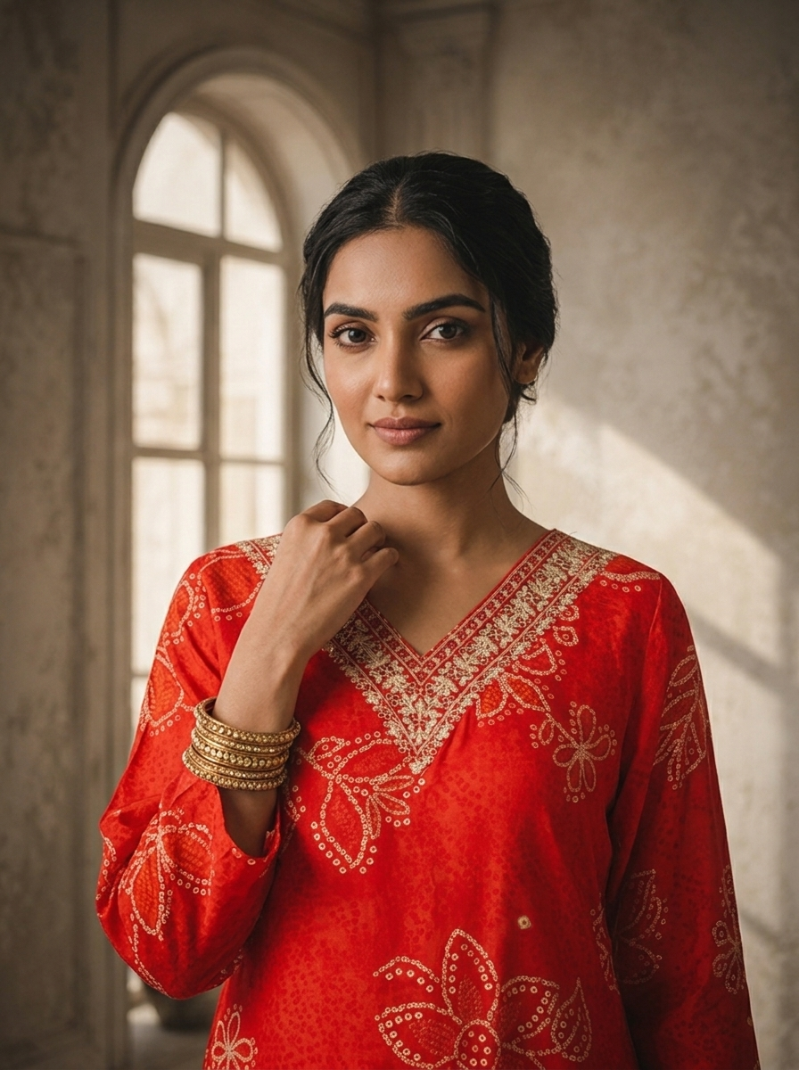 Red Rayon Floral Dots Printed Kurta