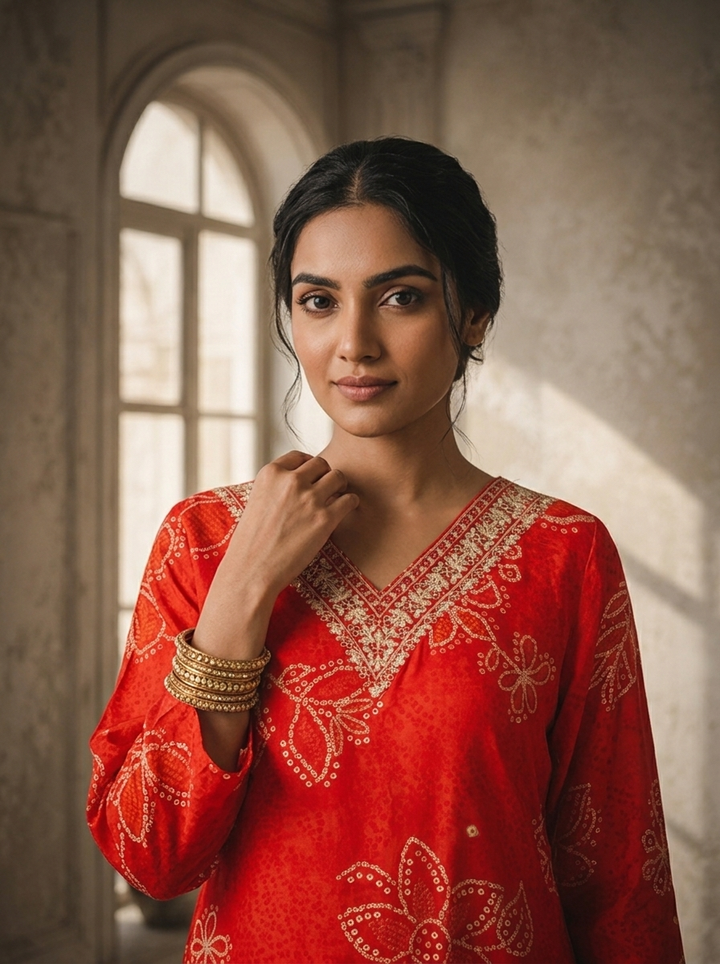 Red Rayon Floral Dots Printed Kurta