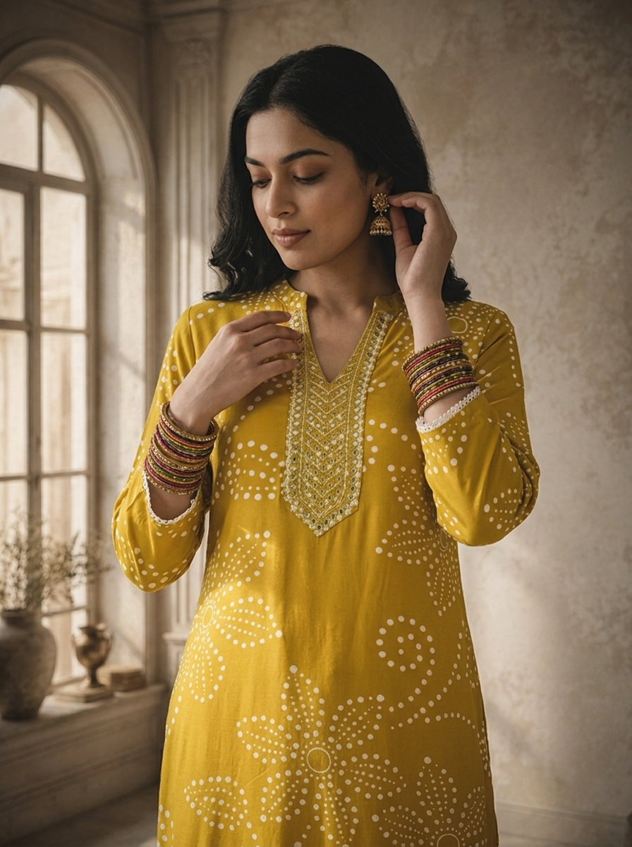 Green Rayon Floral Bandhani Printed Kurta