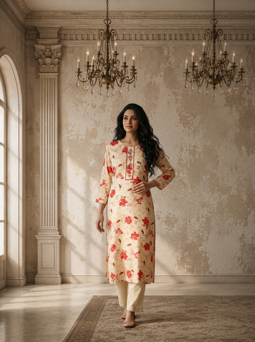Red Rayon Hibiscus Floral Printed Kurta