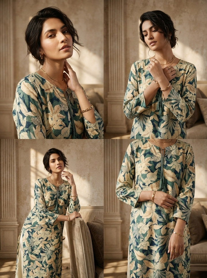 Olive Rayon Botanical Printed Kurta