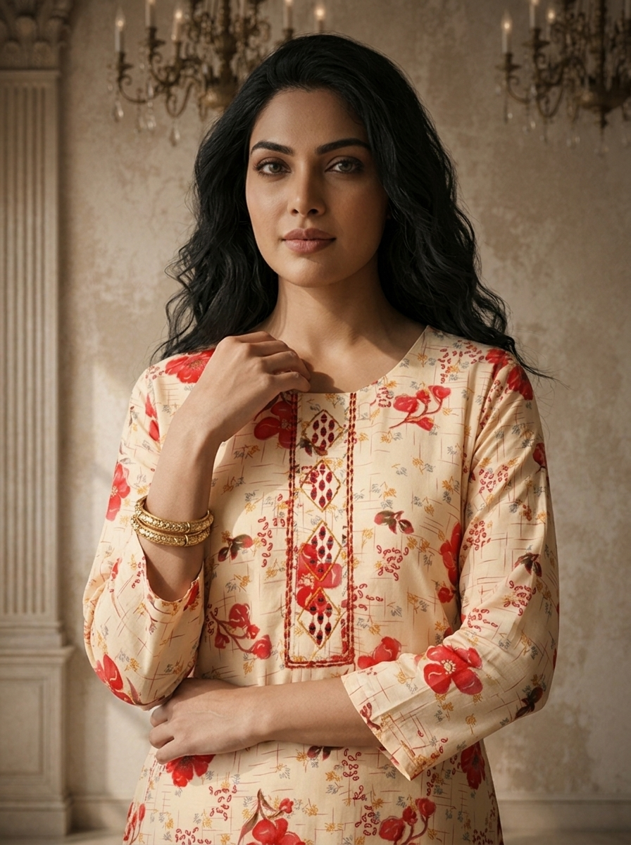 Red Rayon Hibiscus Floral Printed Kurta