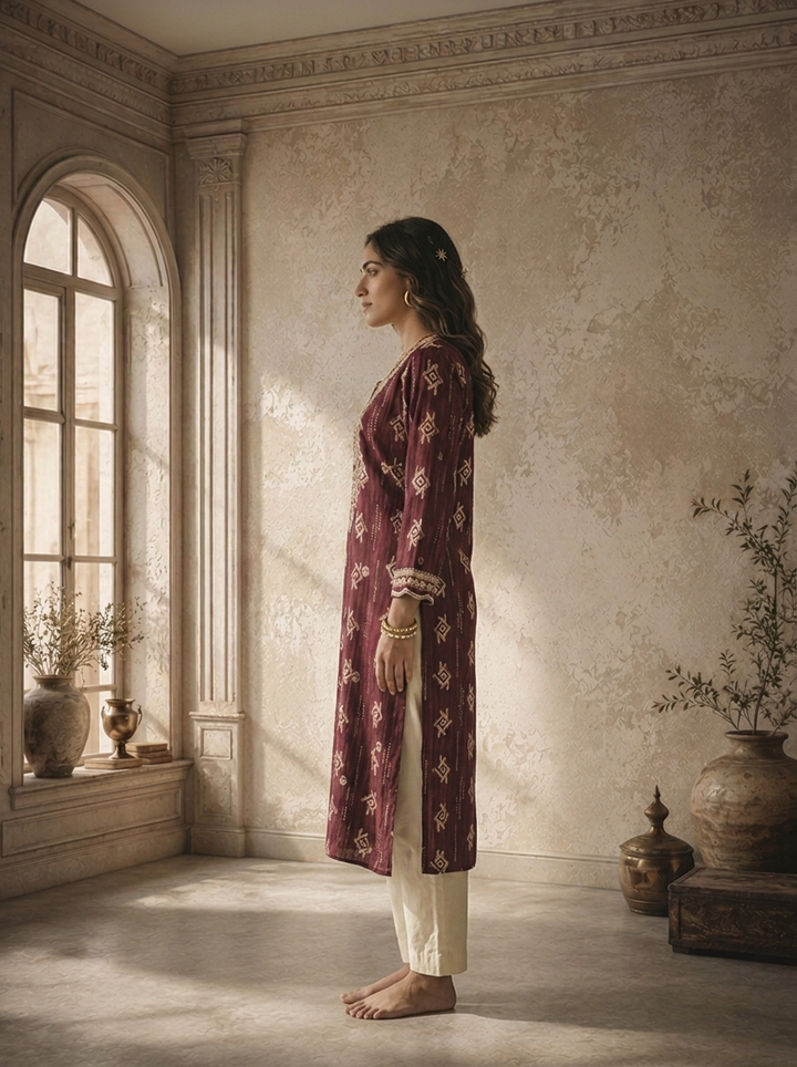 Wine Rayon Geometric Bandhani Grid Printed Kurta