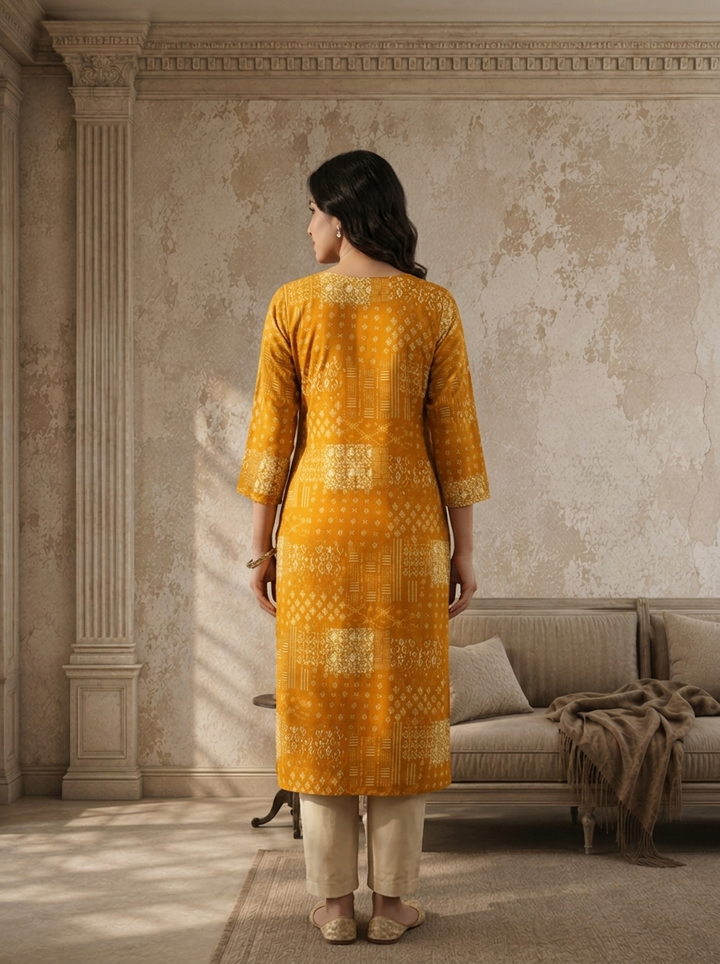 Gold Rayon Patch Printed Kurta