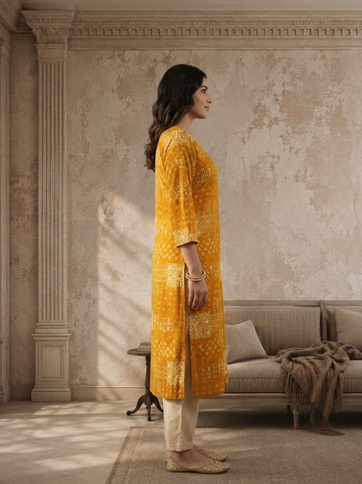 Gold Rayon Patch Printed Kurta