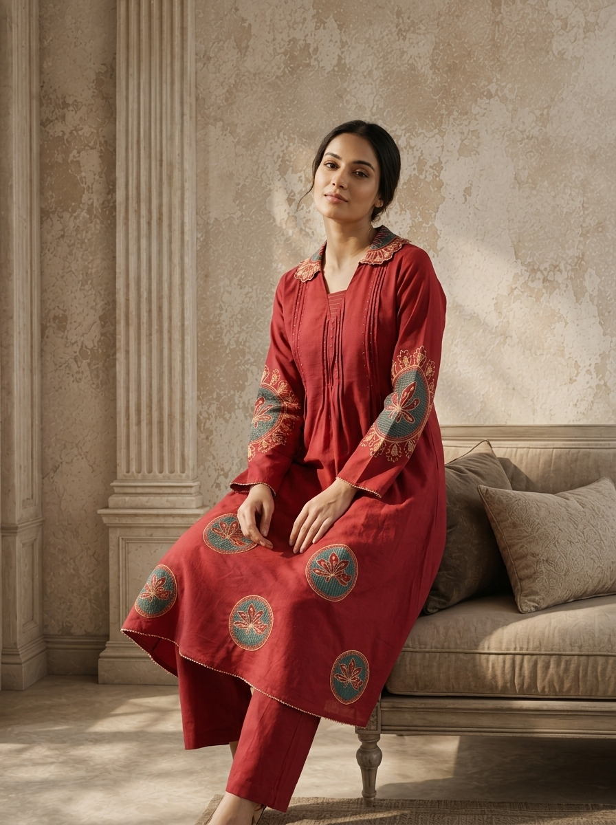Maroon Cotton Thread Embroidered Two Piece Set