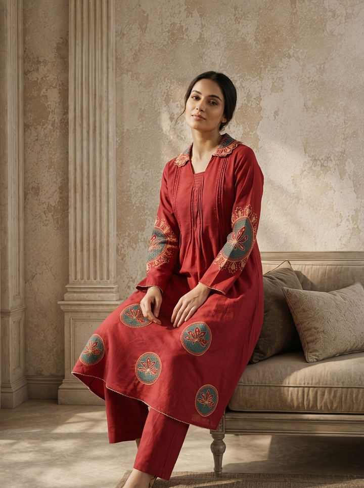 Maroon Cotton Thread Embroidered Two Piece Set