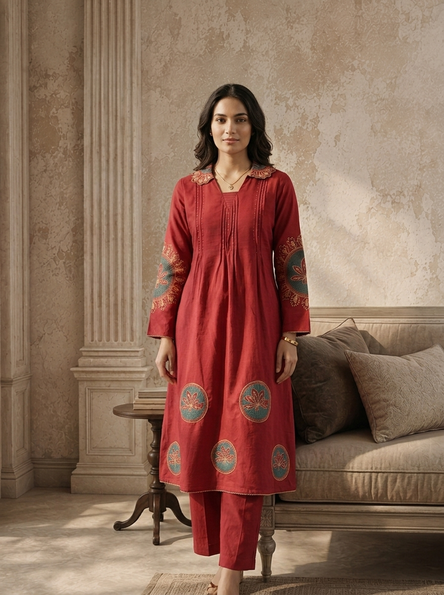 Maroon Cotton Thread Embroidered Two Piece Set