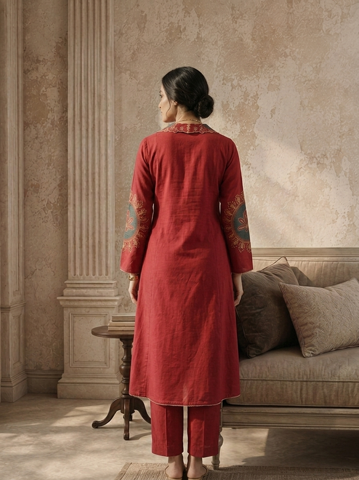 Maroon Cotton Thread Embroidered Two Piece Set