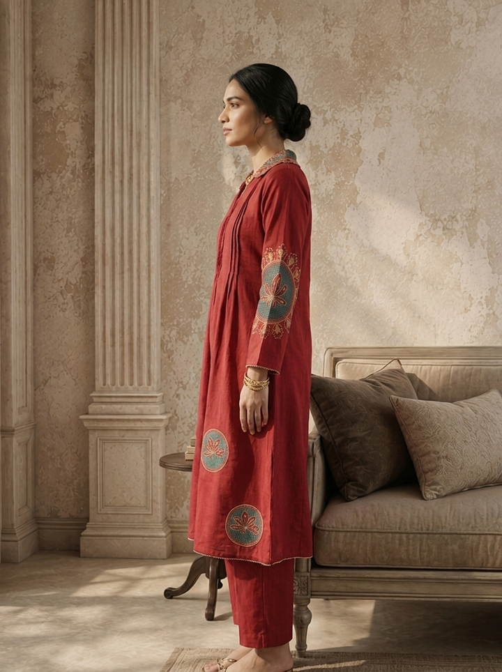 Maroon Cotton Thread Embroidered Two Piece Set