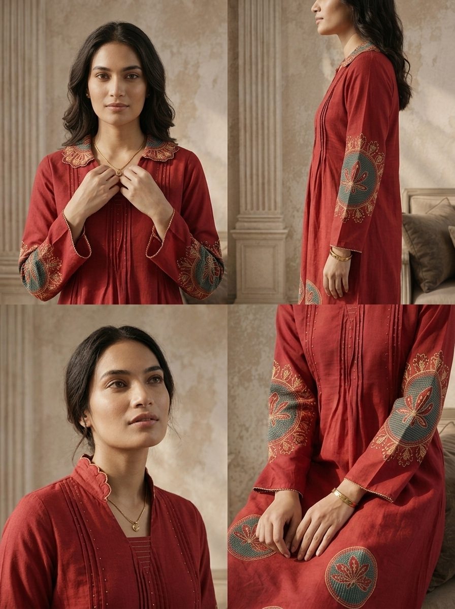 Maroon Cotton Thread Embroidered Two Piece Set