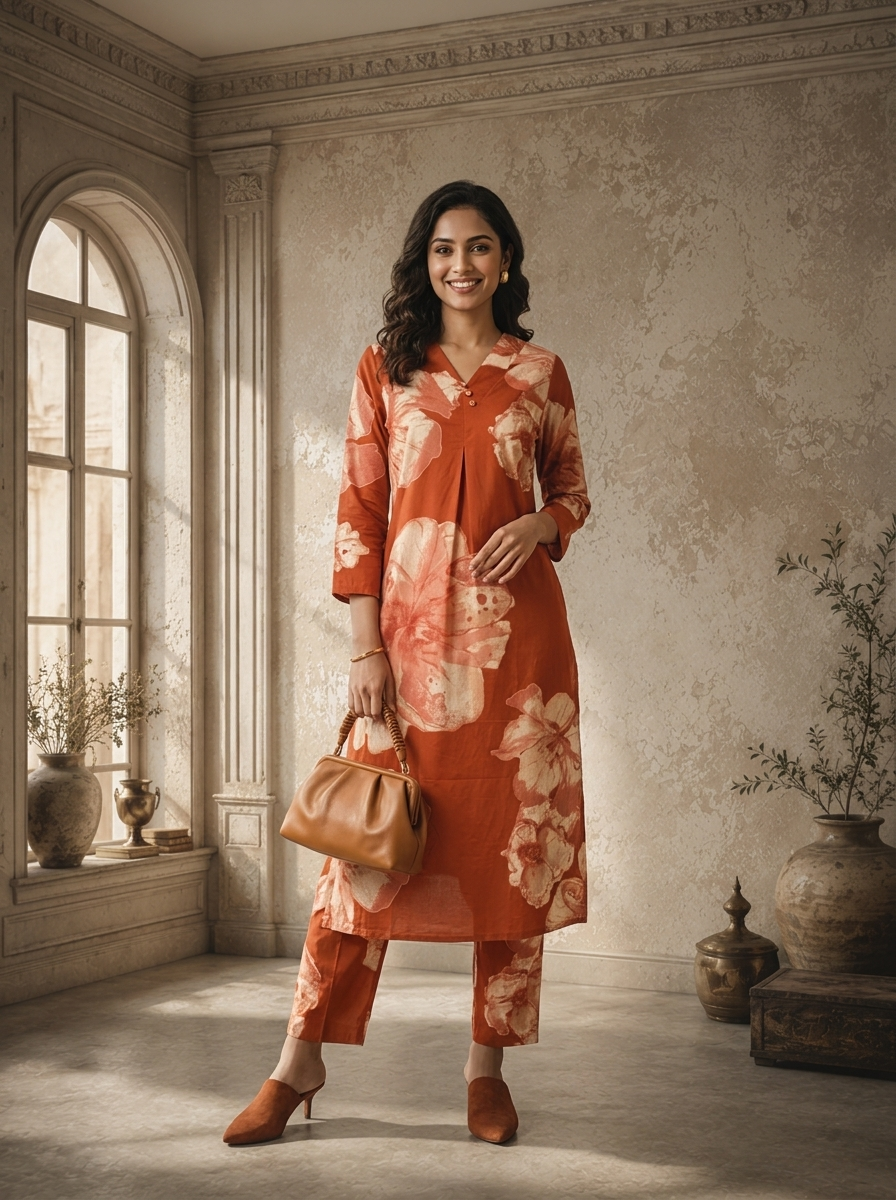 Rust Cotton Large Floral Printed Two Piece Set